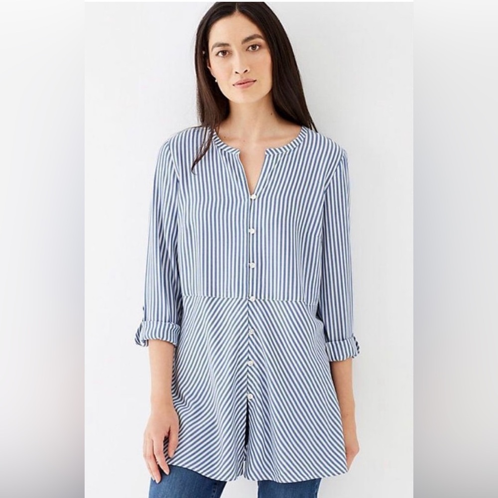 J JILL blue white pinstripe striped blouse SMALL PETITE rolled cuffed sleeves